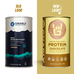 Scoop beside Gnarly tub measuring a 25 g serving of protein