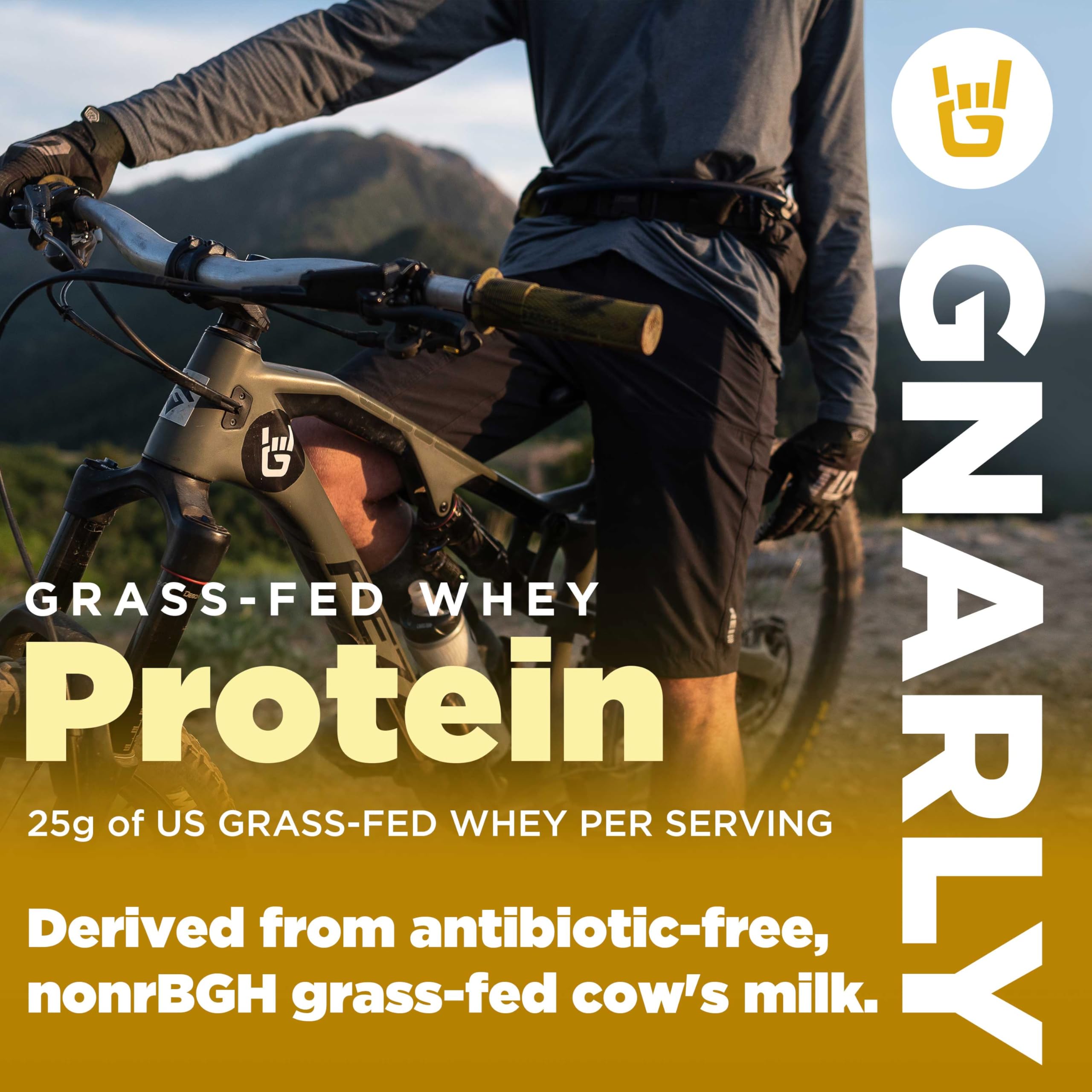 Creamy chocolate protein shake poured into a glass beside Gnarly tub