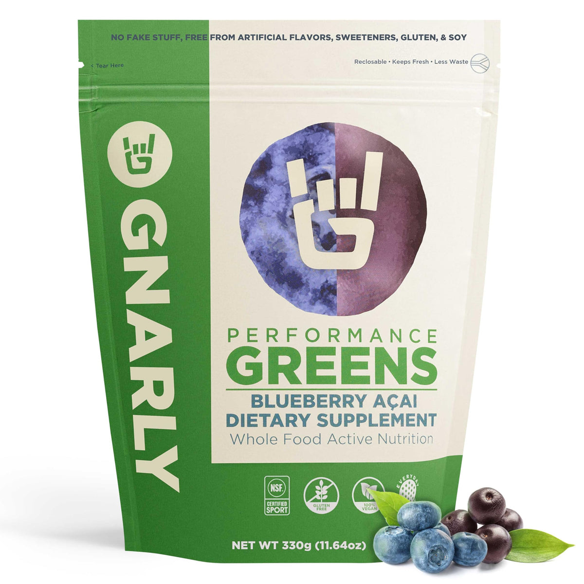 Gnarly Nutrition Greens Blueberry Acai tub closeup showing organic greens and label benefits