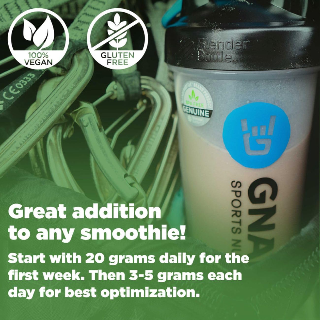 NSF Sport certification sticker on Gnarly Greens bottle indicating quality