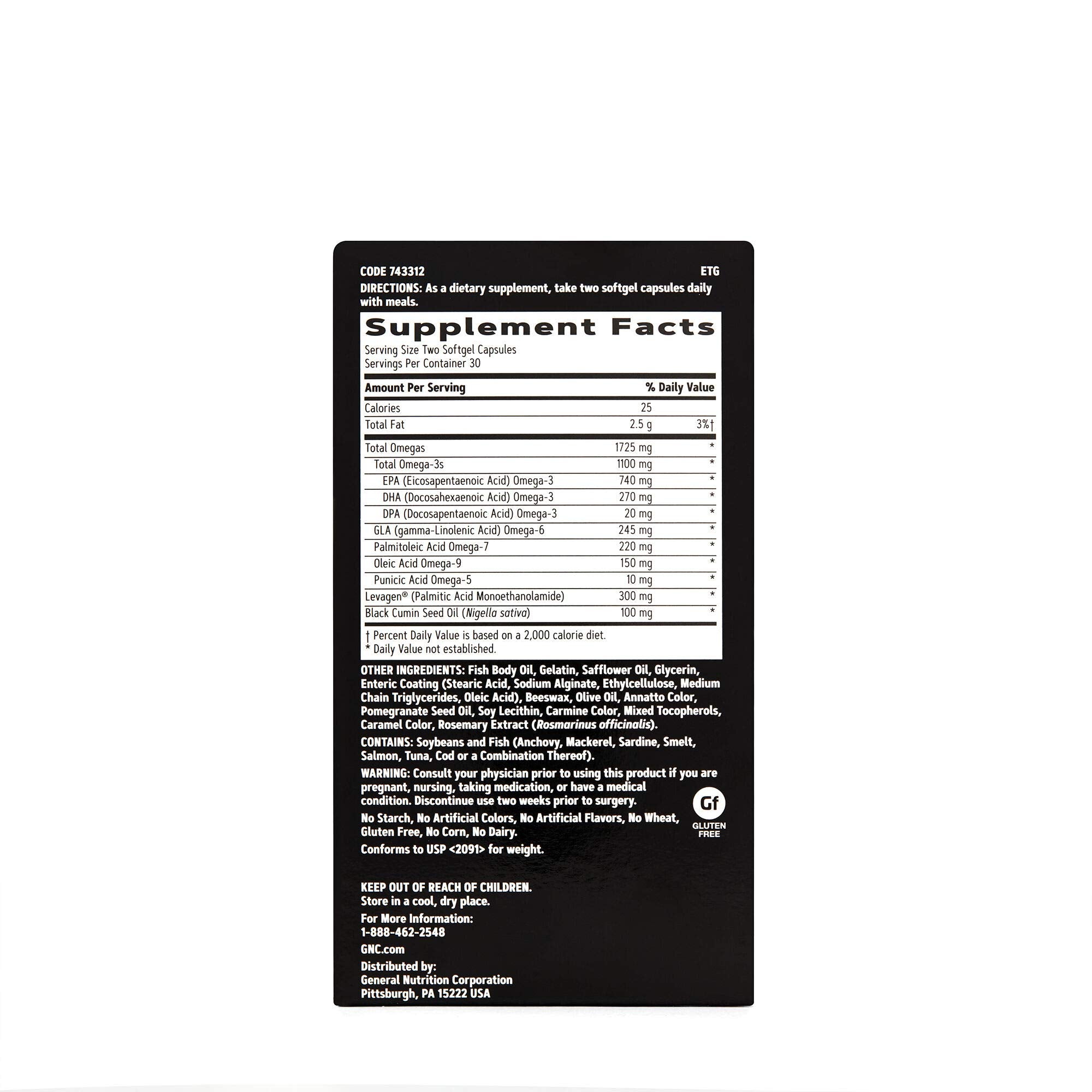 GNC AMP Complete Omega capsules closeup shows convenient daily capsules.