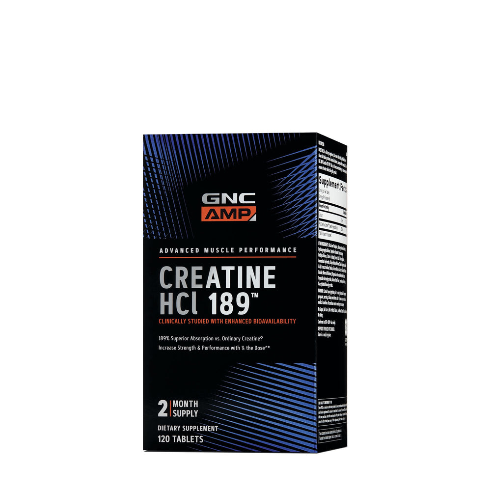 GNC AMP Creatine HCl 189 bottle showing on-the-go training energy potential.