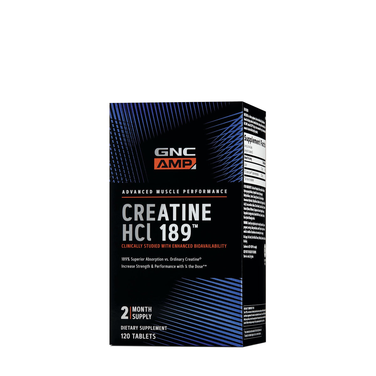 GNC AMP Creatine HCl 189 bottle showing on-the-go training energy potential.