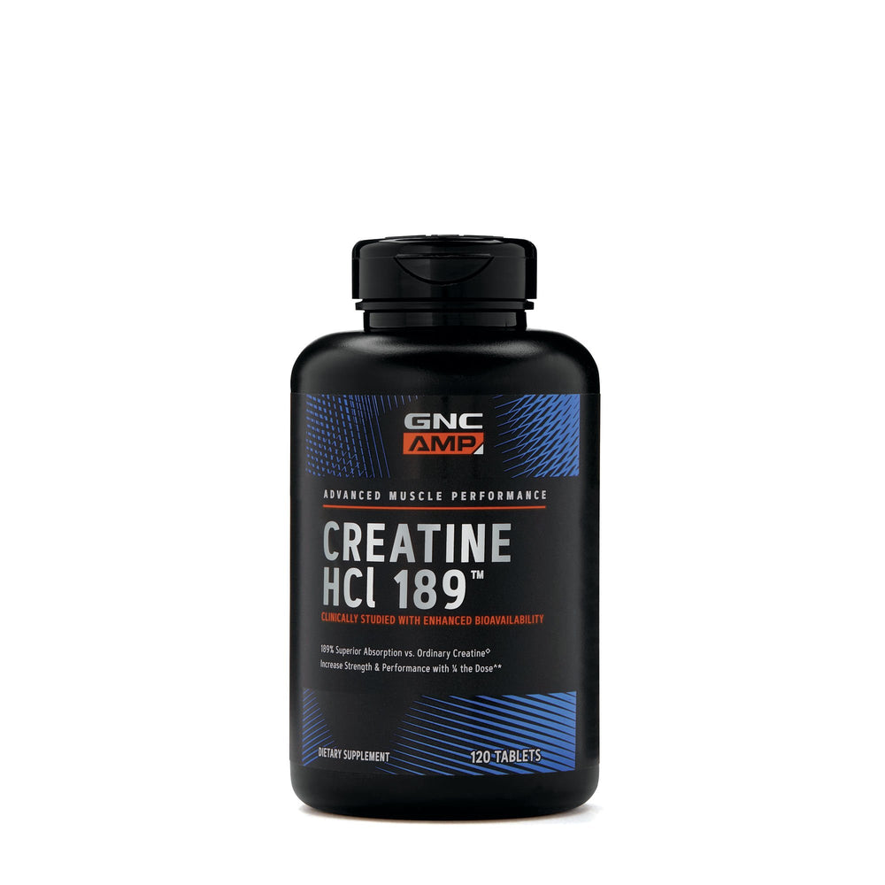 GNC AMP Creatine HCl 189 label with clear dosing guidance for workouts.