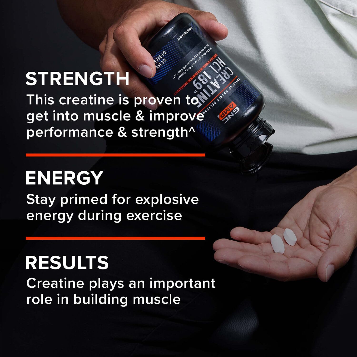 GNC AMP Creatine HCl 189 pills side back label highlights dosage information.