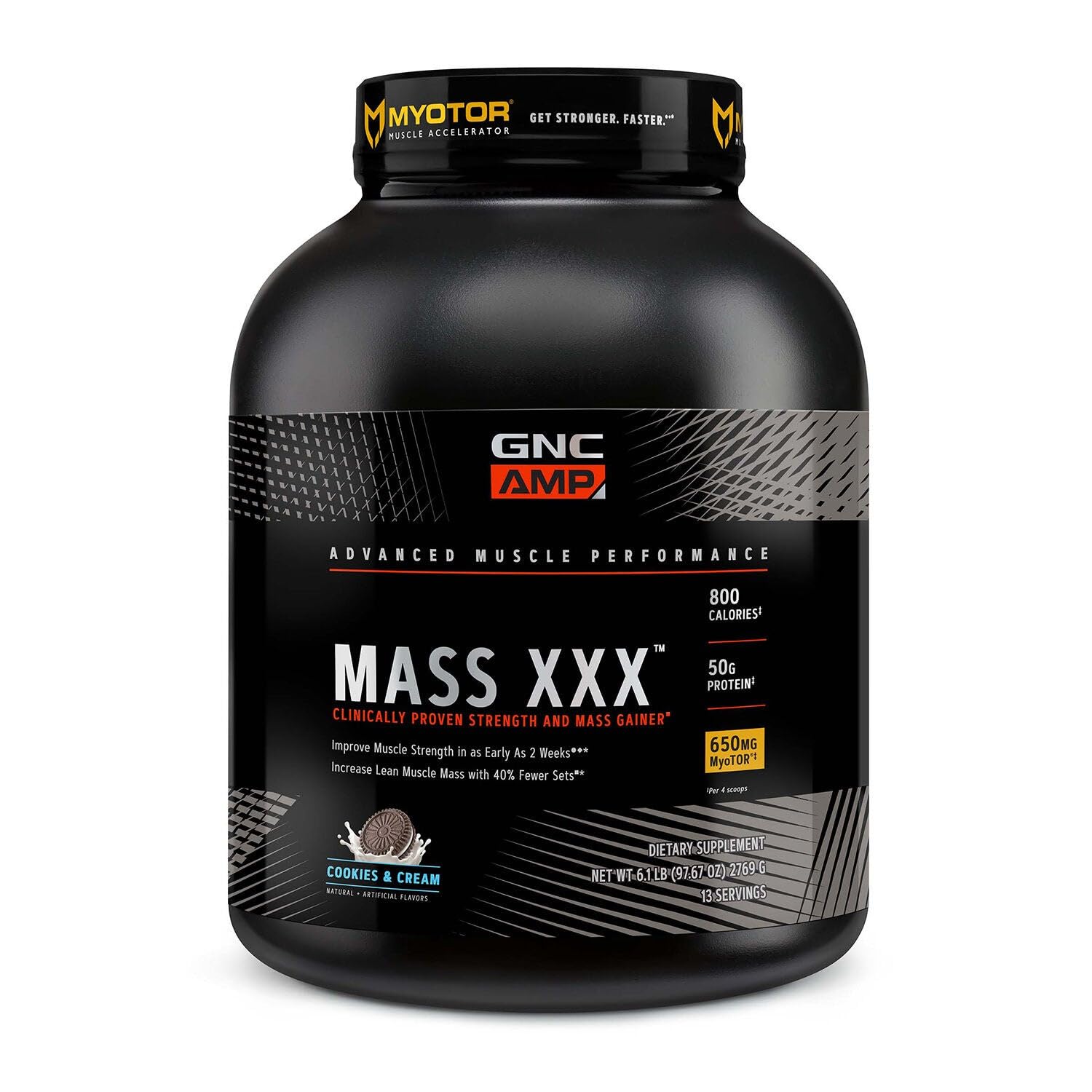 GNC AMP Mass XXX canister front view, ready for intense workouts.