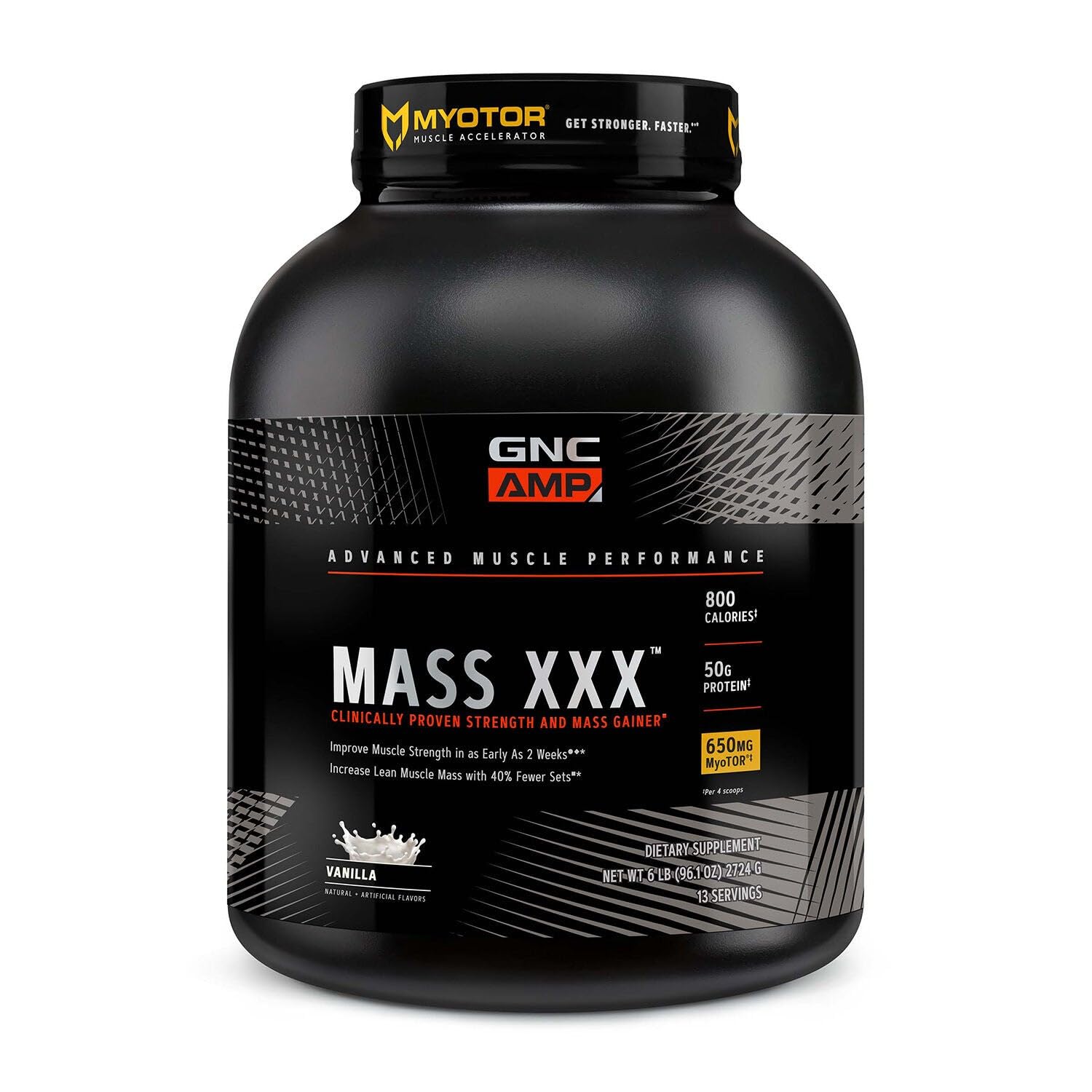 GNC AMP Mass XXX tub front for fueling workouts and gains