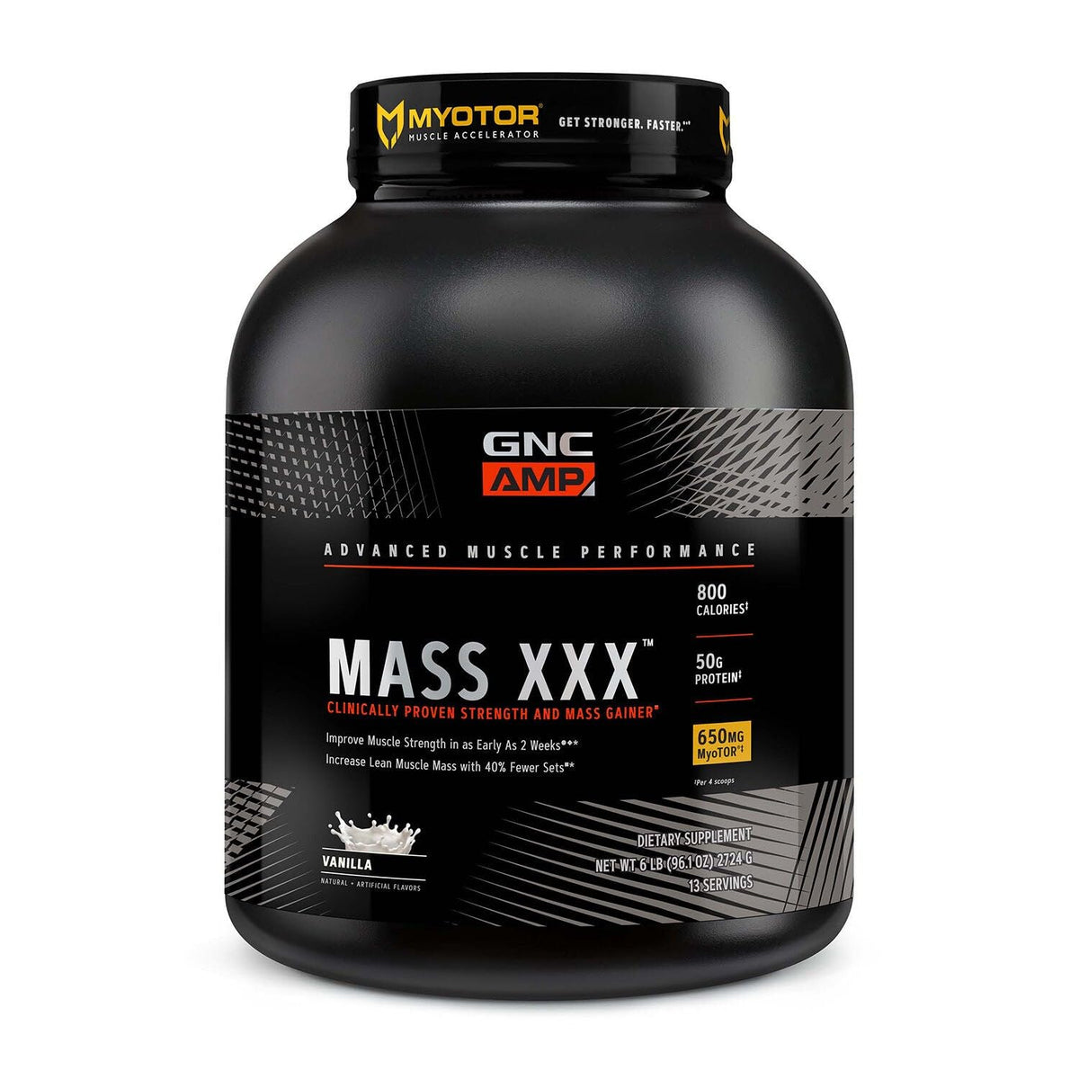 GNC AMP Mass XXX tub front for fueling workouts and gains
