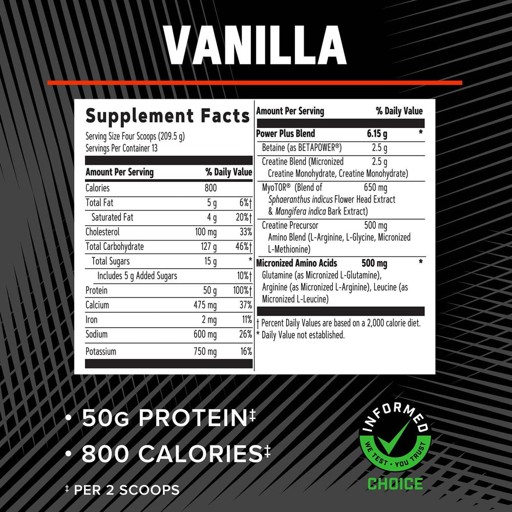GNC AMP Mass XXX vanilla powder close-up highlights texture