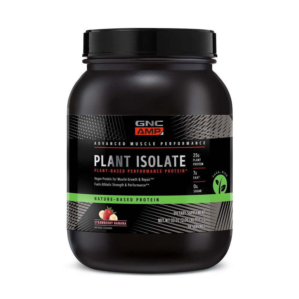 GNC AMP Plant Isolate Protein bottle shows strawberry banana flavor, supports post-workout recovery