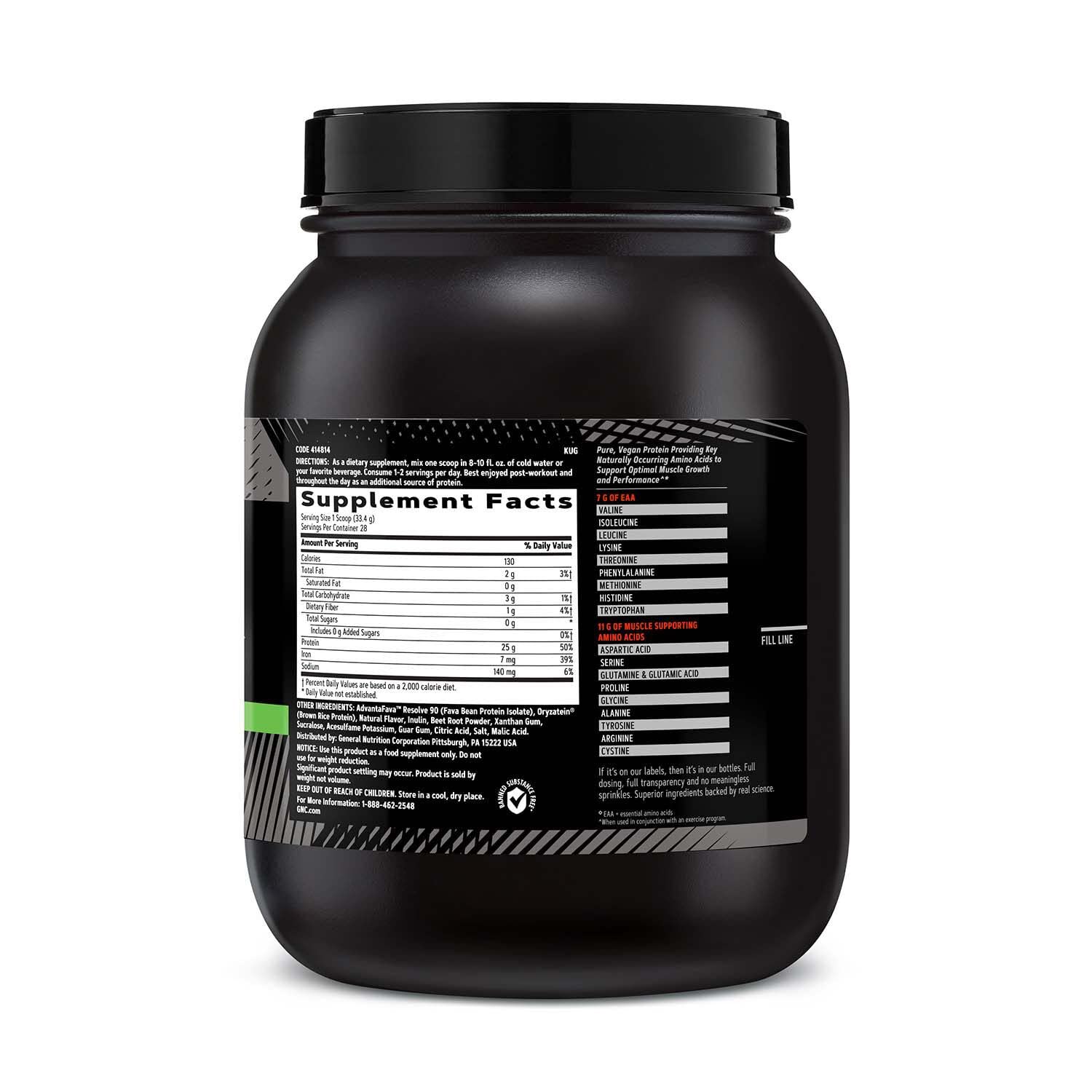 GNC AMP Plant Isolate Protein label highlights 25g plant protein and 0g sugar