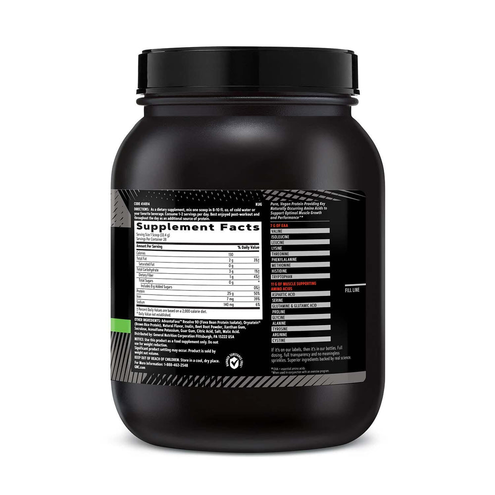 GNC AMP Plant Isolate Protein label highlights 25g plant protein and 0g sugar