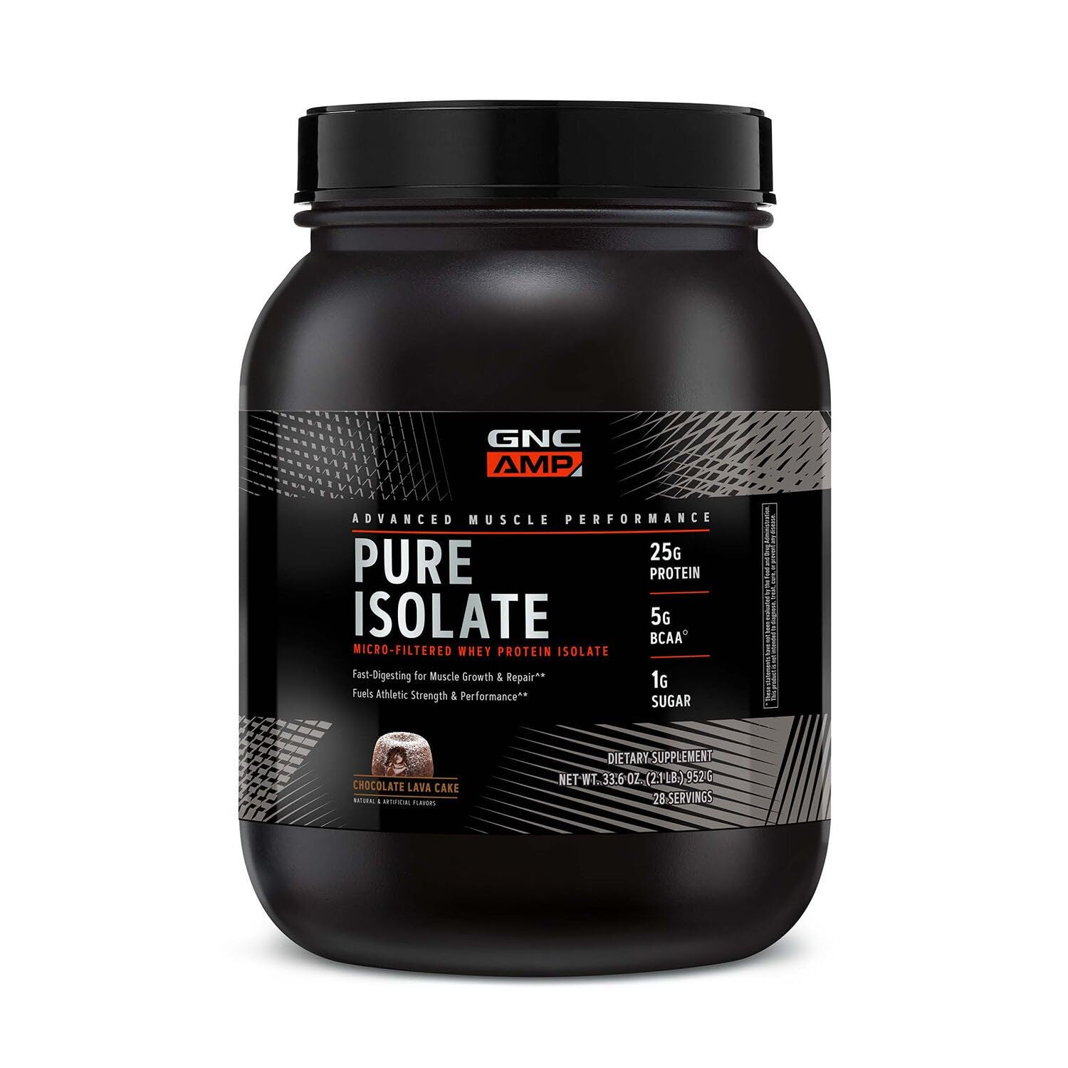 GNC AMP Pure Isolate chocolate lava cake bottle showing fast-absorbing protein for workouts.