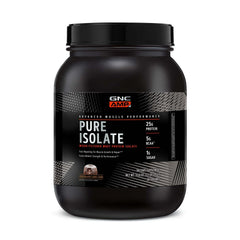 GNC AMP Pure Isolate chocolate lava cake bottle showing fast-absorbing protein for workouts.