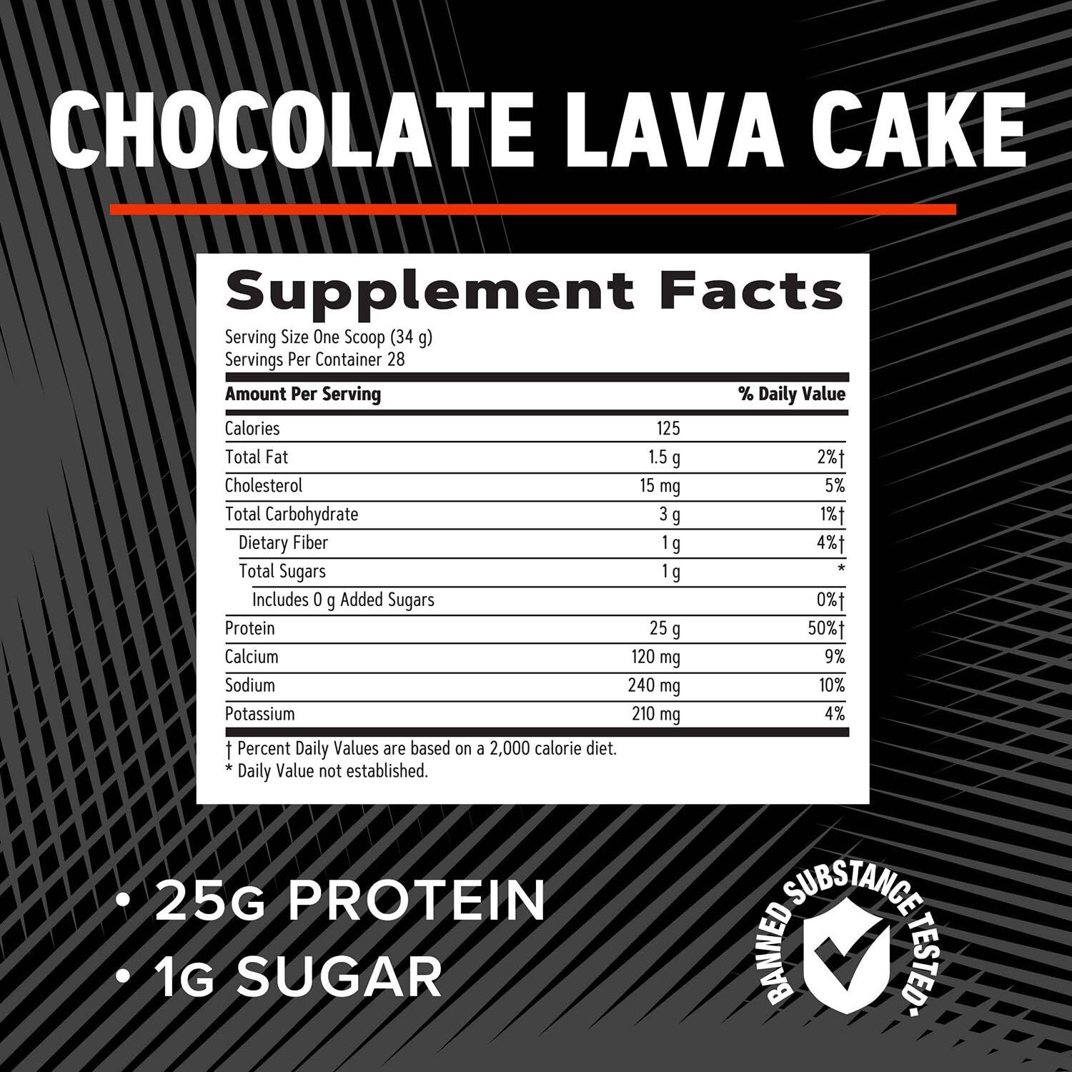 GNC AMP Pure Isolate chocolate lava cake nutrition label highlights 25g protein per serving.