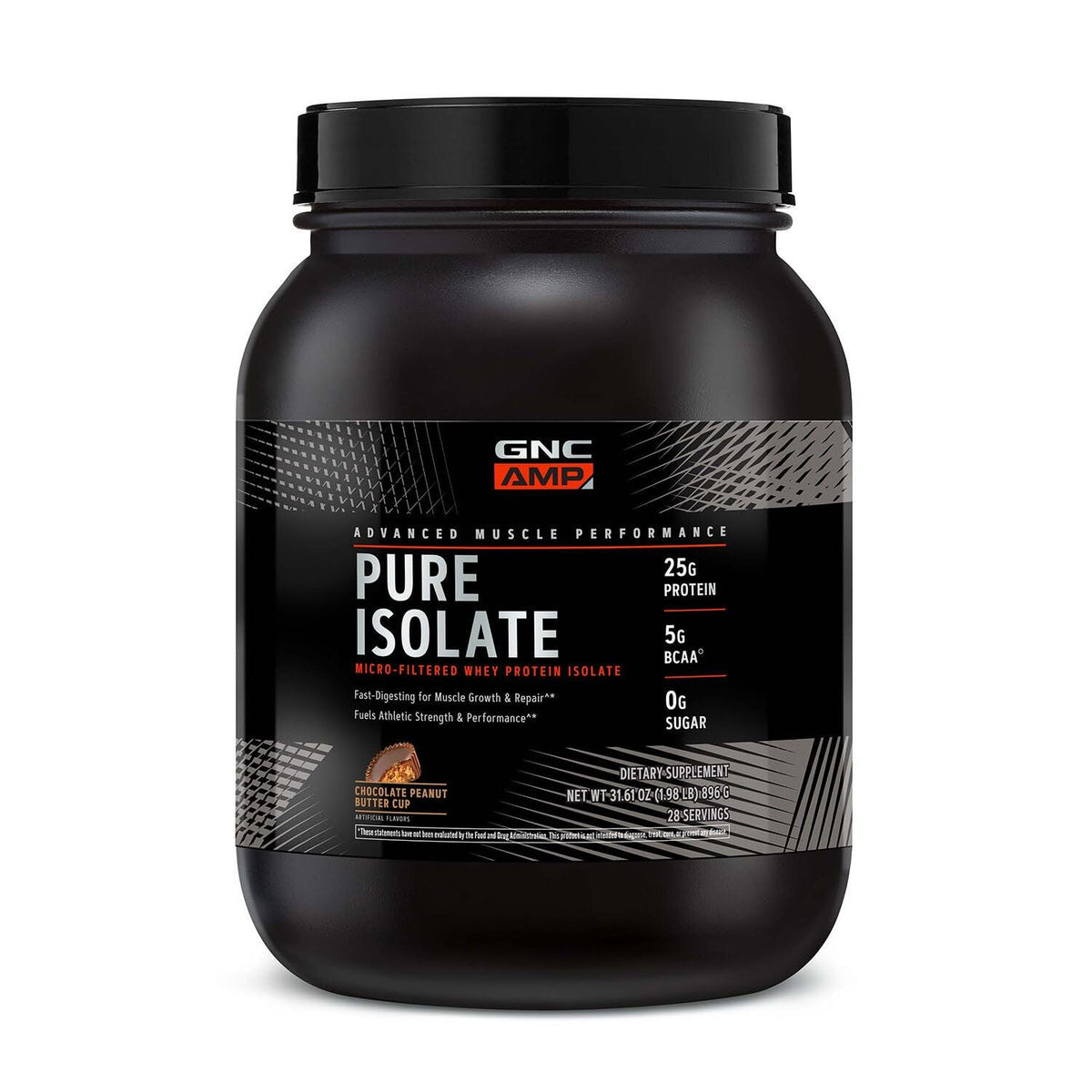 GNC AMP Pure Isolate Whey chocolate peanut butter cup jar for fast, convenient protein.