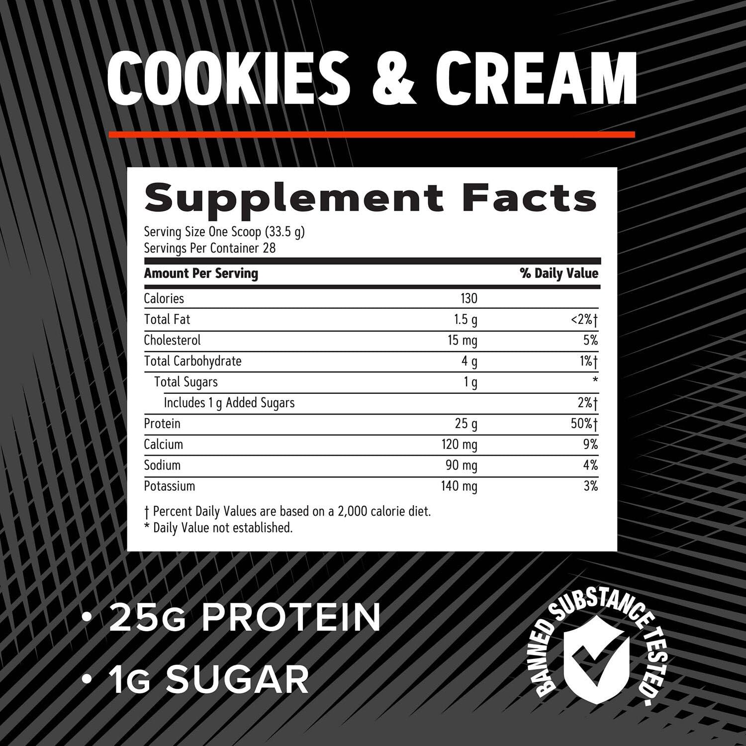 GNC AMP Pure Isolate Cookies & Cream tub on kitchen counter ready to mix