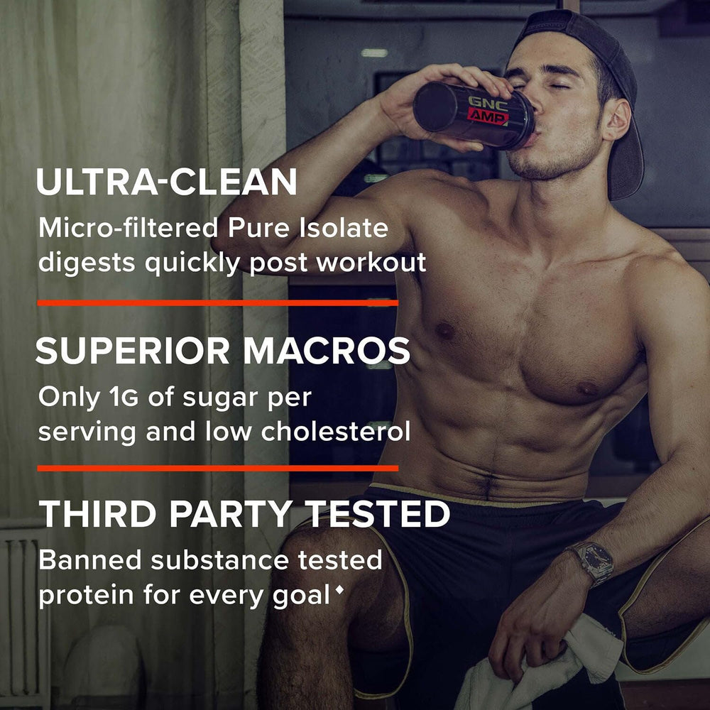 Powder dissolving smoothly in water beside GNC AMP Pure Isolate Cookies & Cream