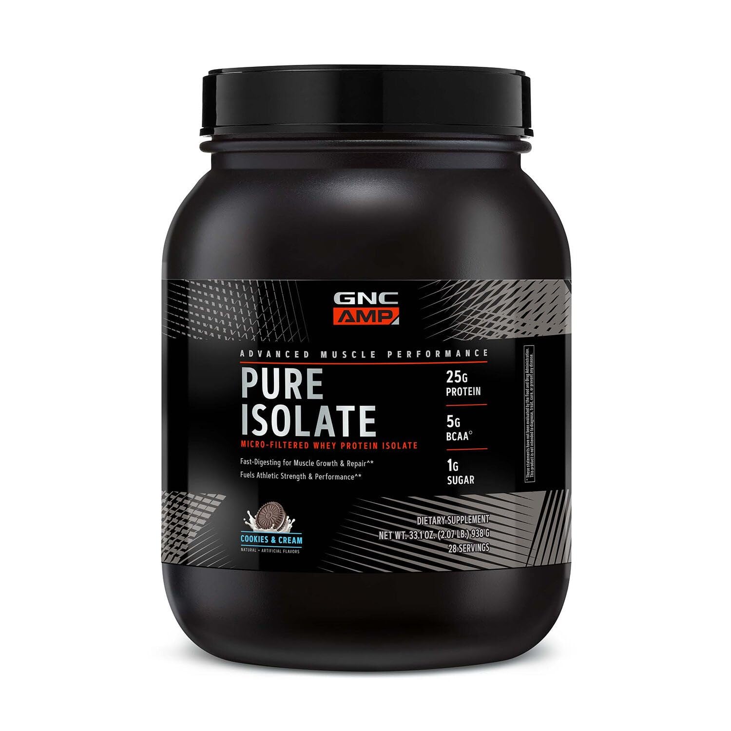 GNC AMP Pure Isolate Cookies & Cream tub ready for post-workout recovery
