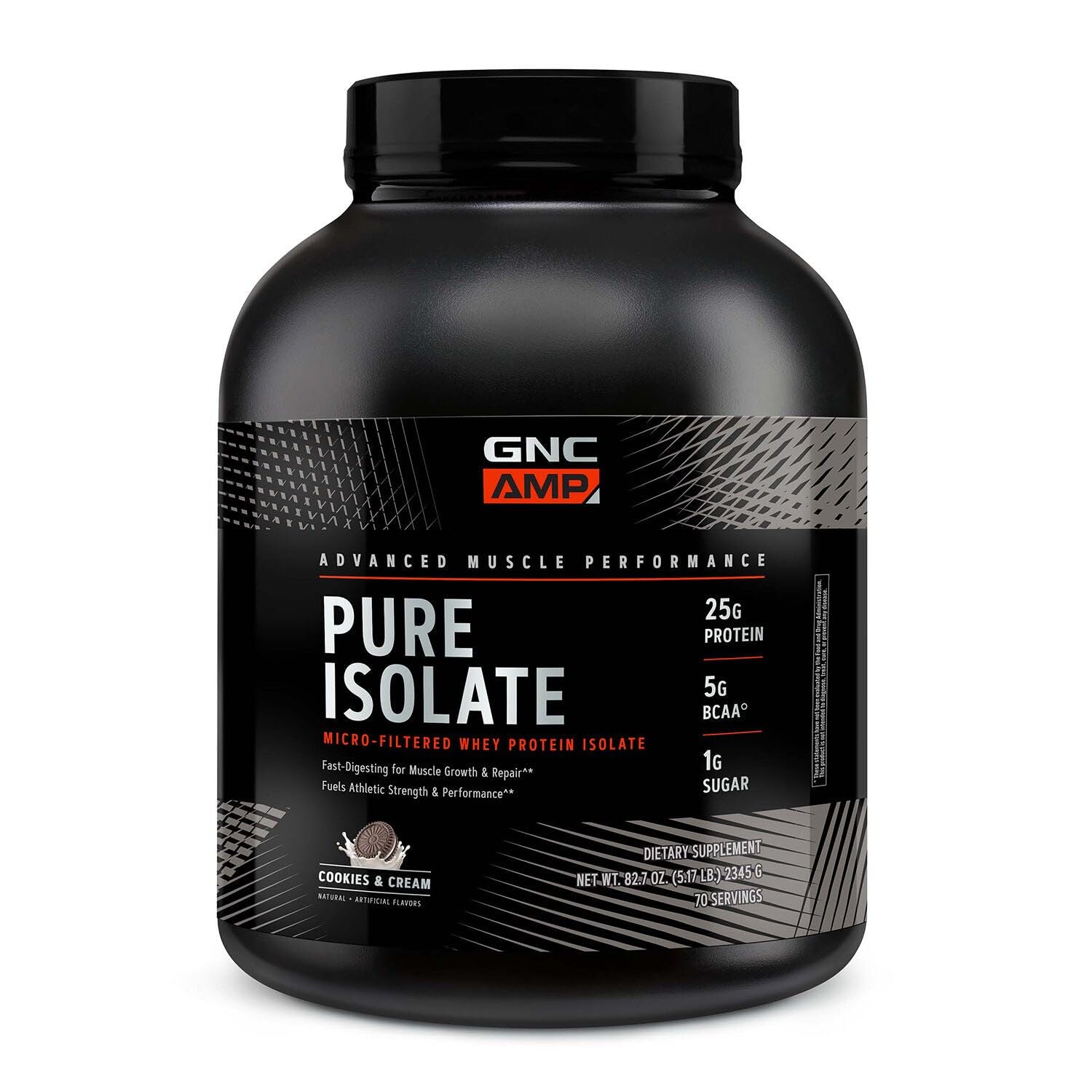 GNC AMP Pure Isolate tub front view showing high-purity protein