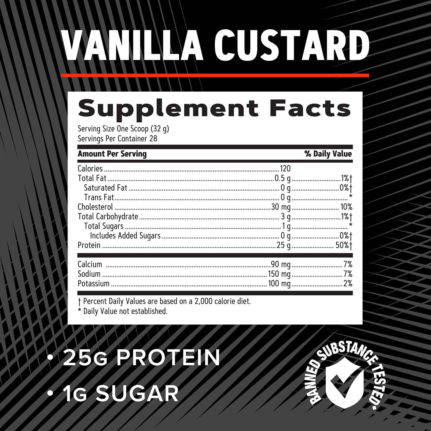GNC AMP Pure Isolate Vanilla Custard label highlights nutrients.