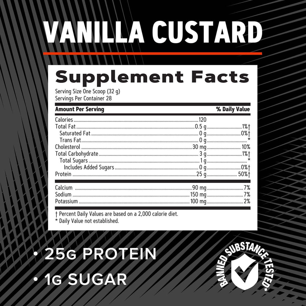 GNC AMP Pure Isolate Vanilla Custard label highlights nutrients.