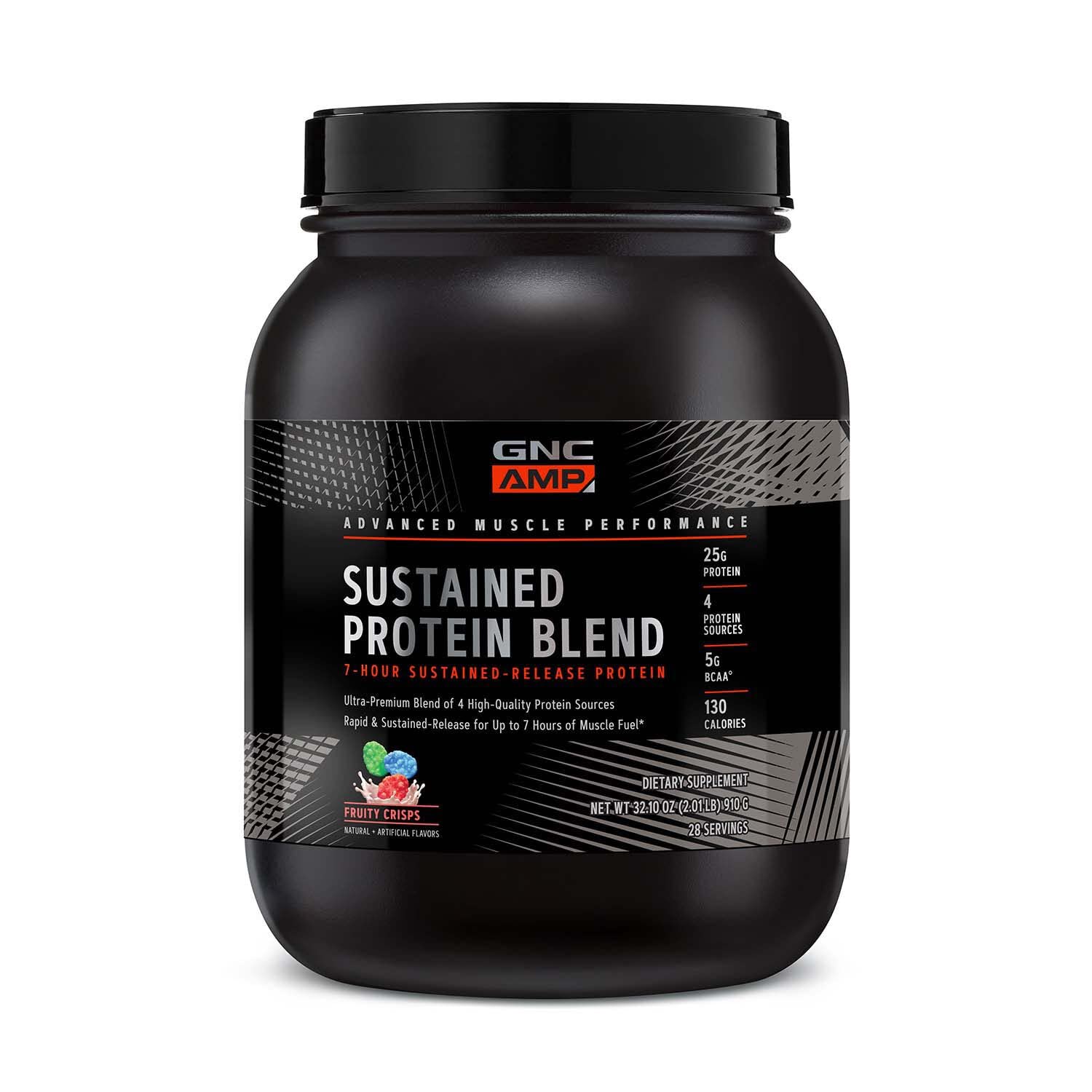 GNC AMP Sustained Cinnamon Toast bottle illustrating multi source protein for steady release