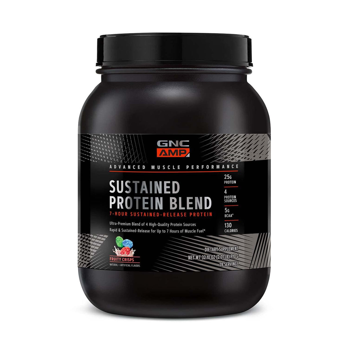 GNC AMP Sustained Cinnamon Toast bottle illustrating multi source protein for steady release