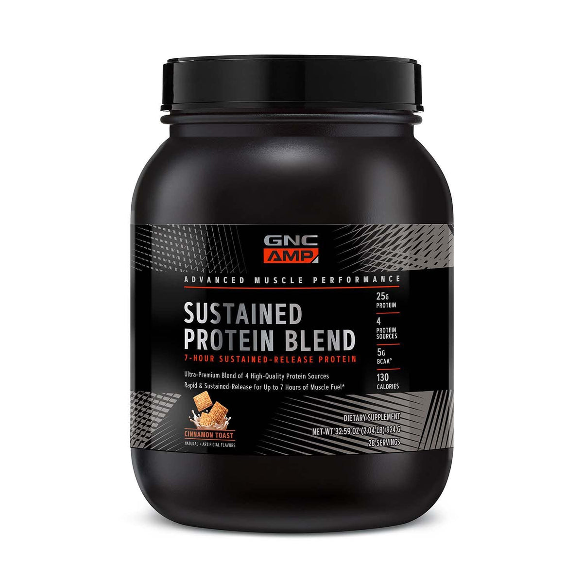 GNC AMP Sustained bottle in Cinnamon Toast flavor for all-day protein support.