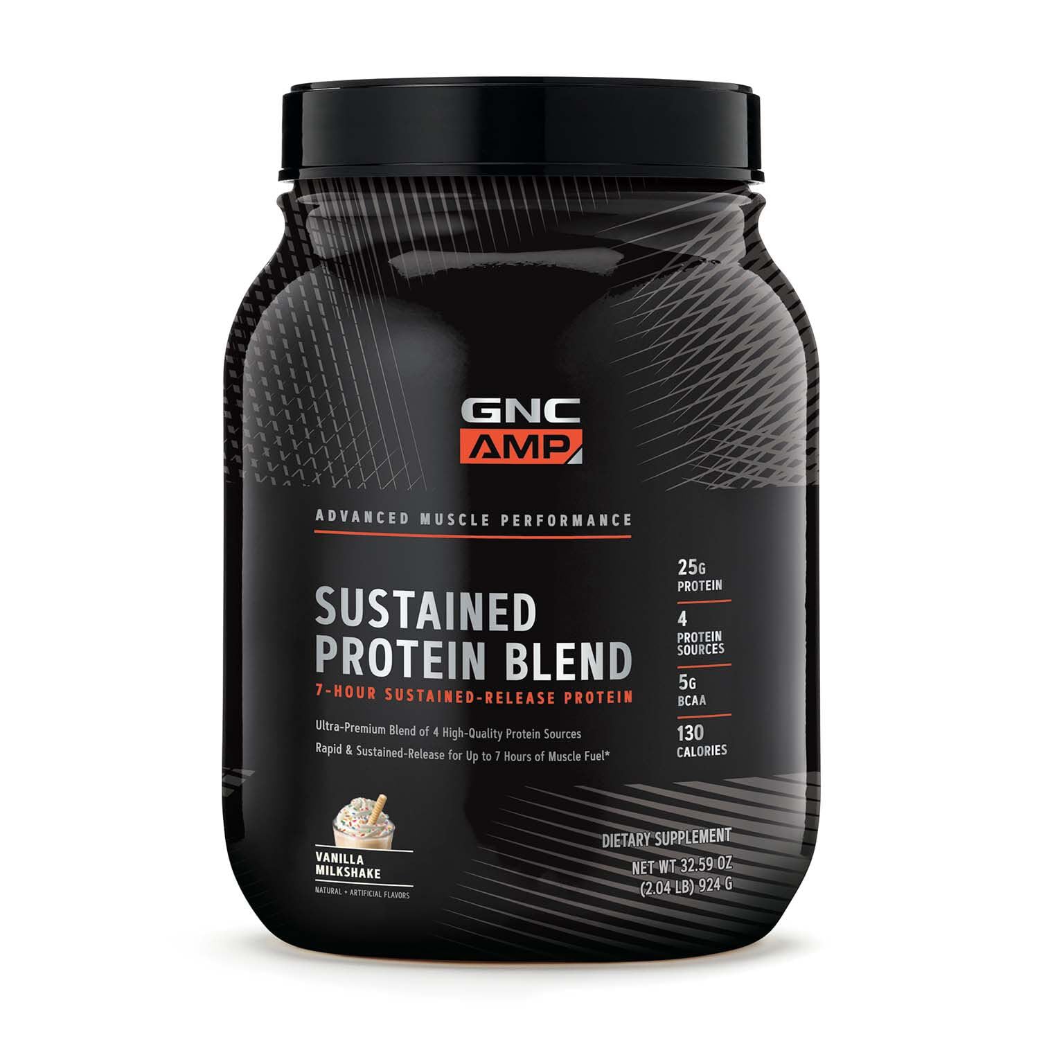 GNC AMP Sustained Cinnamon Toast bottle showing 28 servings for daily protein support.