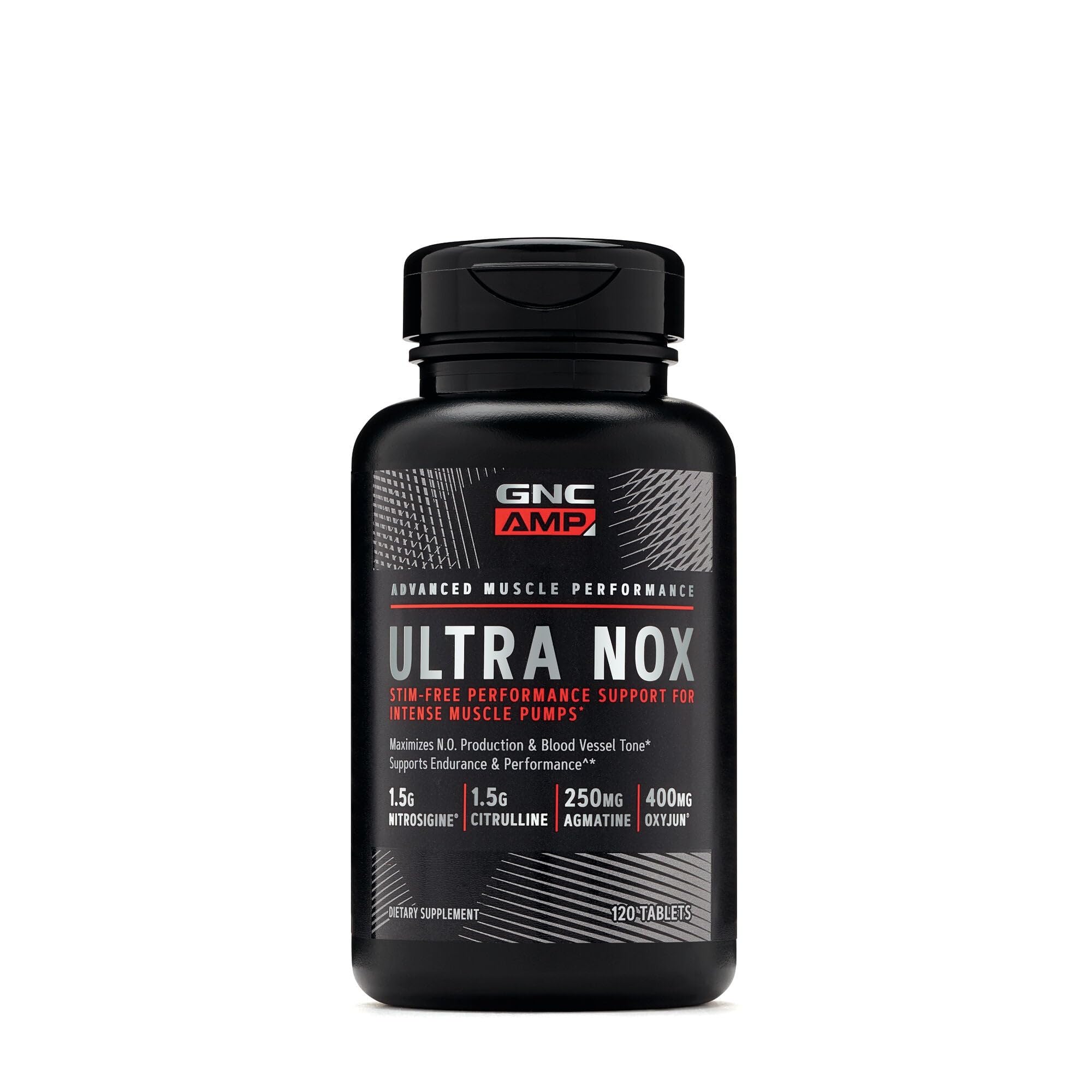 GNC AMP Ultra Nox bottle label close-up highlighting nitric oxide features