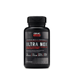 GNC AMP Ultra Nox bottle label close-up highlighting nitric oxide features
