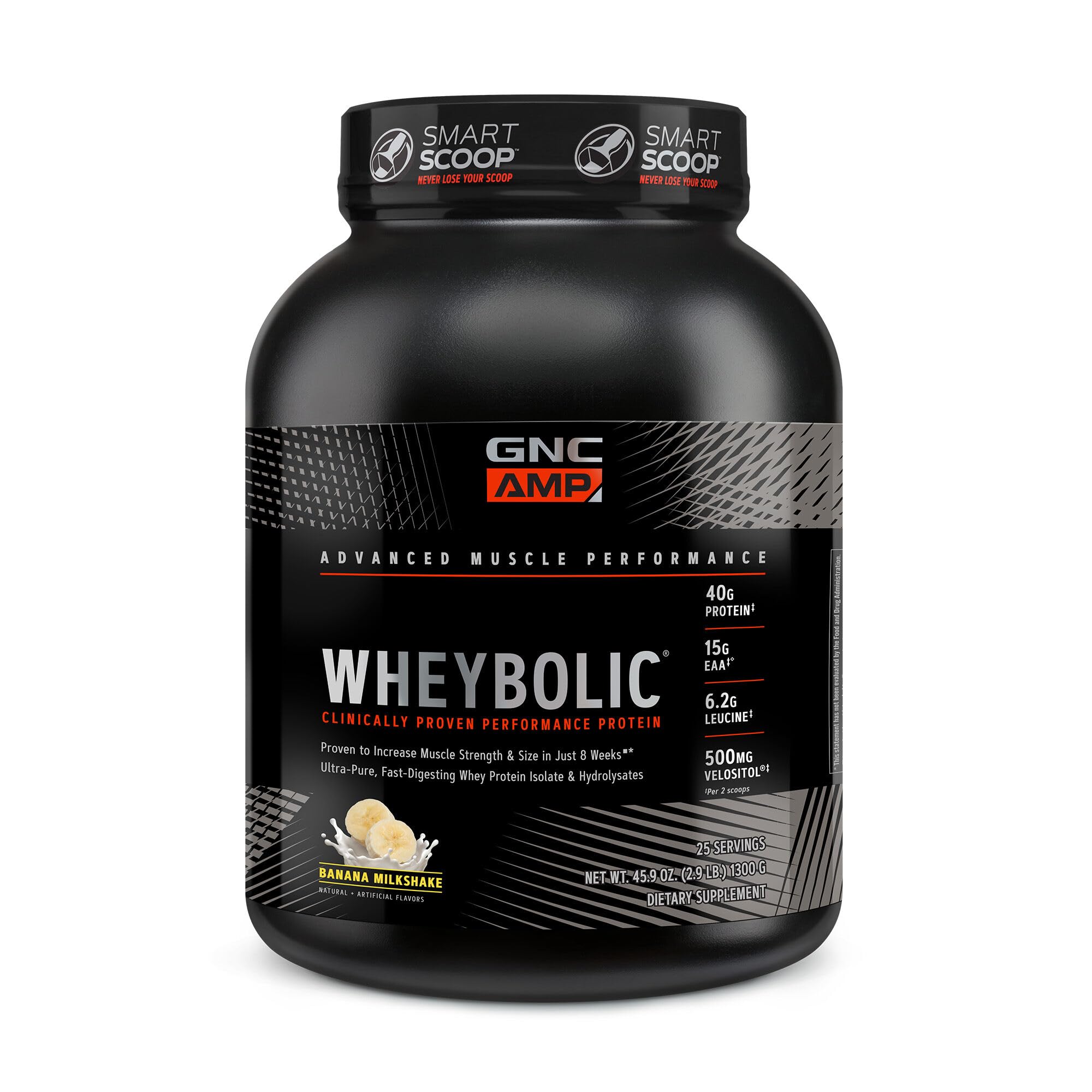 GNC AMP Wheybolic banana milkshake powder tub showing flavor and serving use
