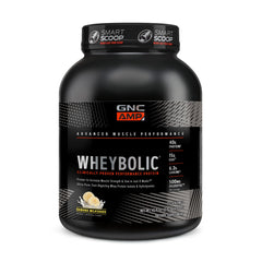 GNC AMP Wheybolic banana milkshake powder tub showing flavor and serving use