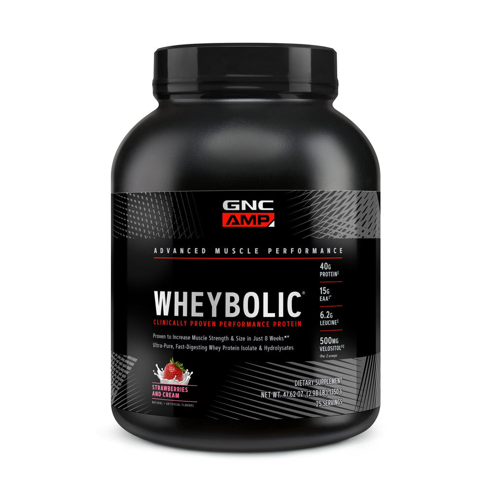 GNC AMP Wheybolic bottle front showing branding for post-workout protein support.