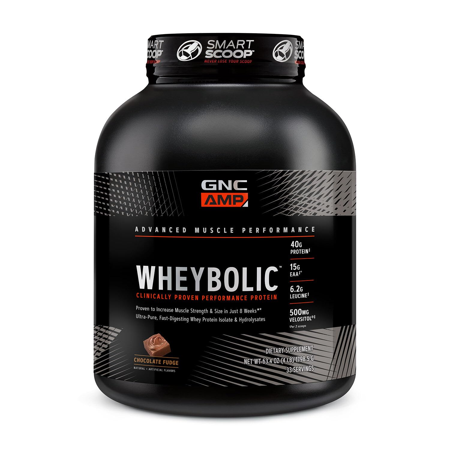 GNC AMP Wheybolic bottle-front view promoting high-protein formula to support strength and recovery
