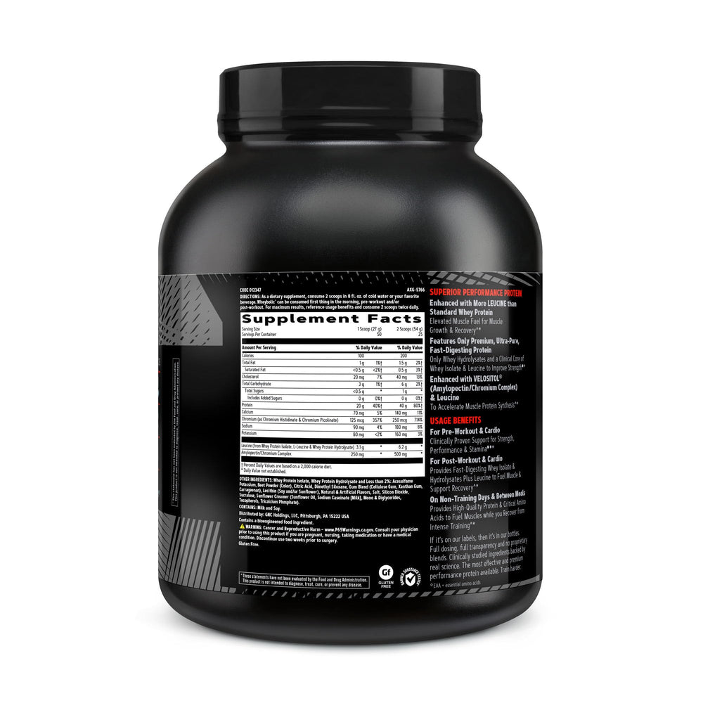 GNC AMP Wheybolic bottle label close-up highlighting Velositol complex and ingredients.