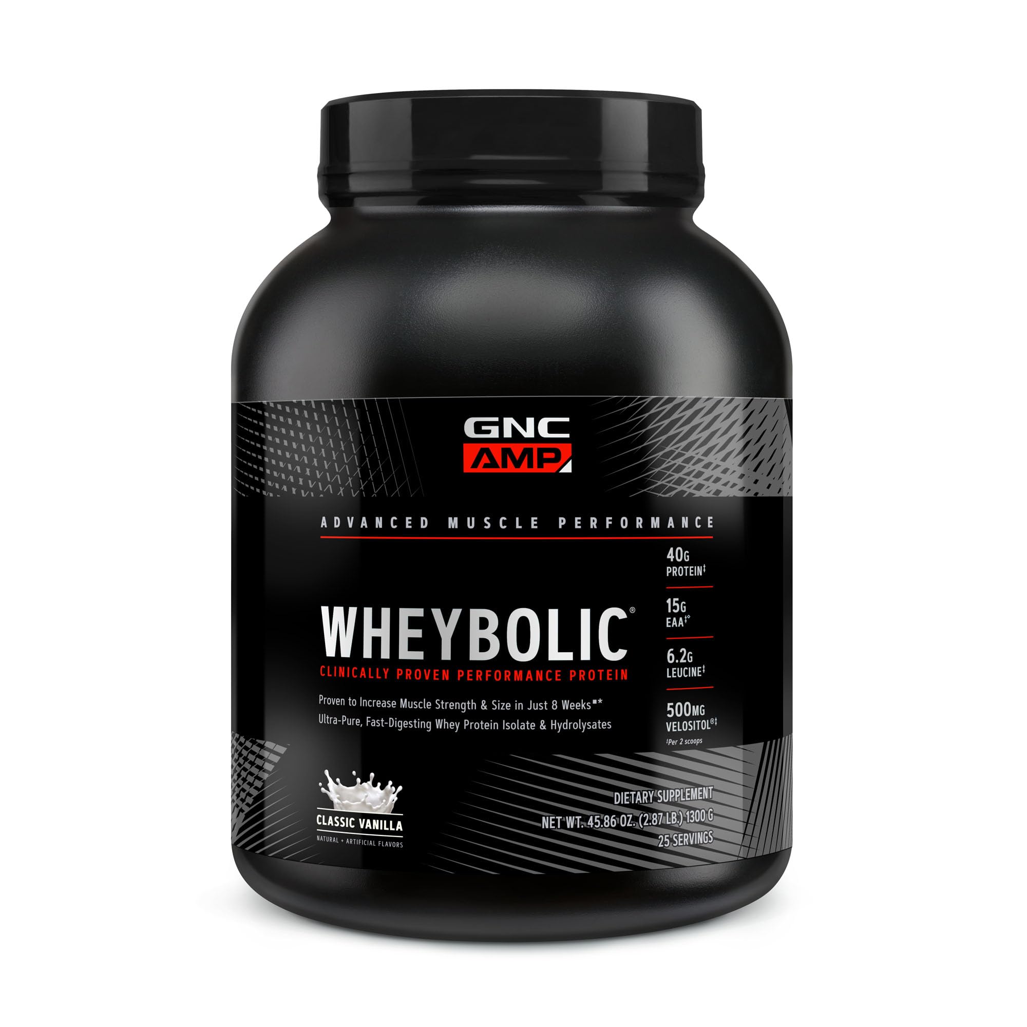 GNC AMP Wheybolic bottle pouring protein for strength support.
