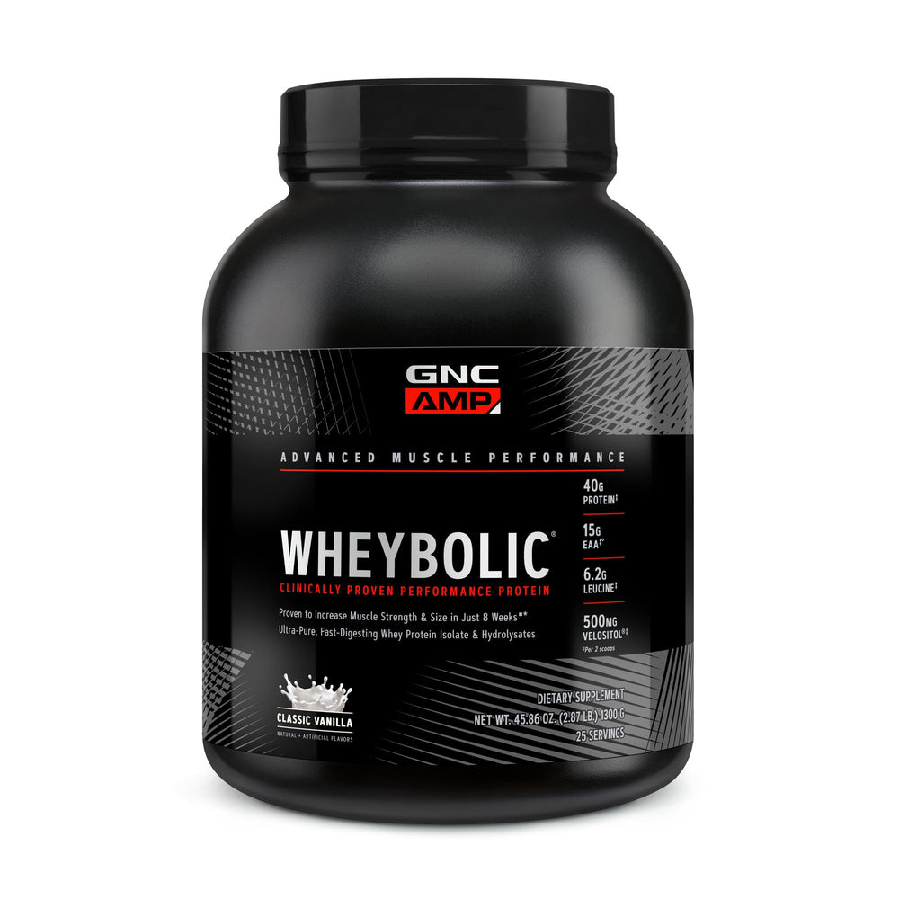 GNC AMP Wheybolic bottle pouring protein for strength support.