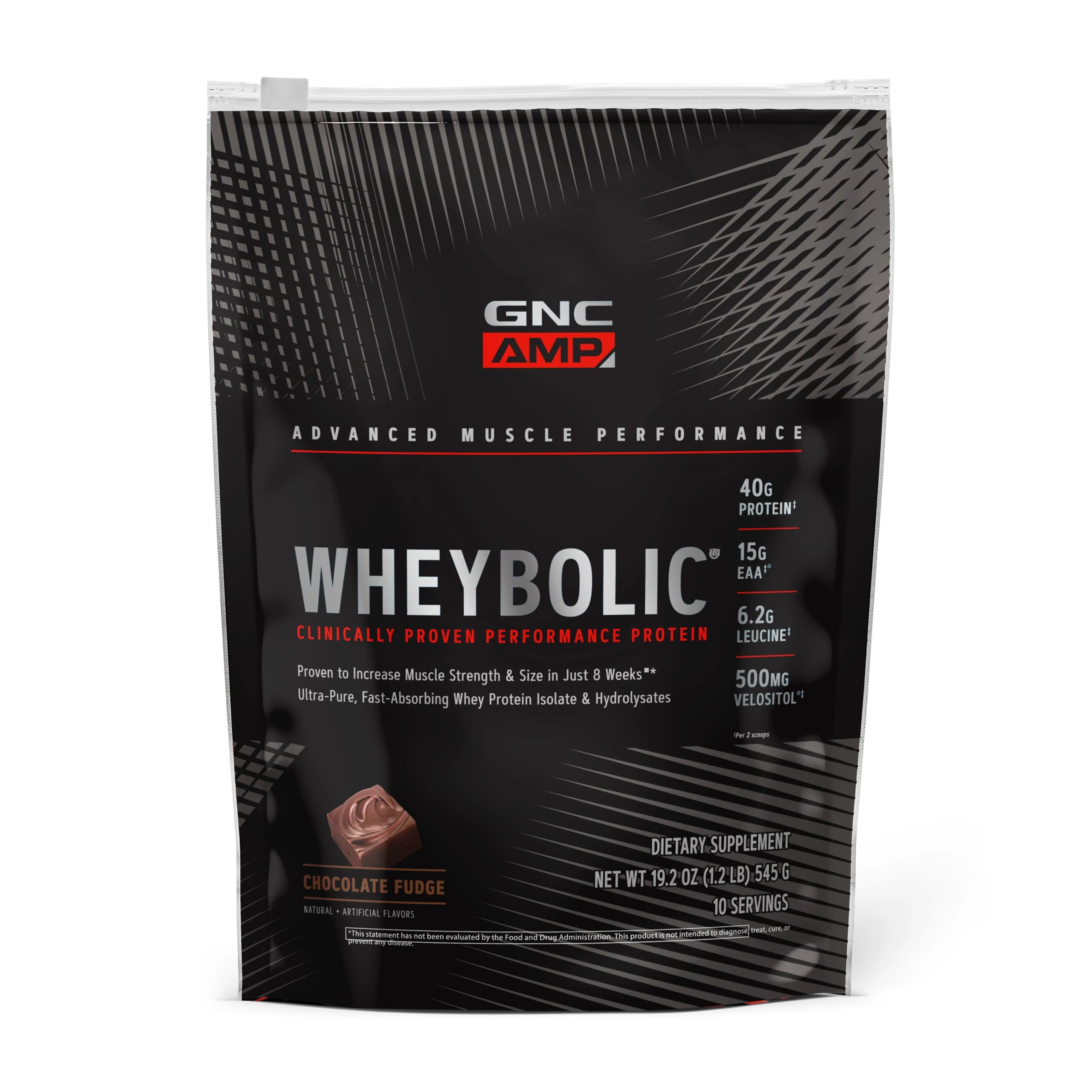 GNC Wheybolic chocolate fudge bottle shows protein blend for post-workout support