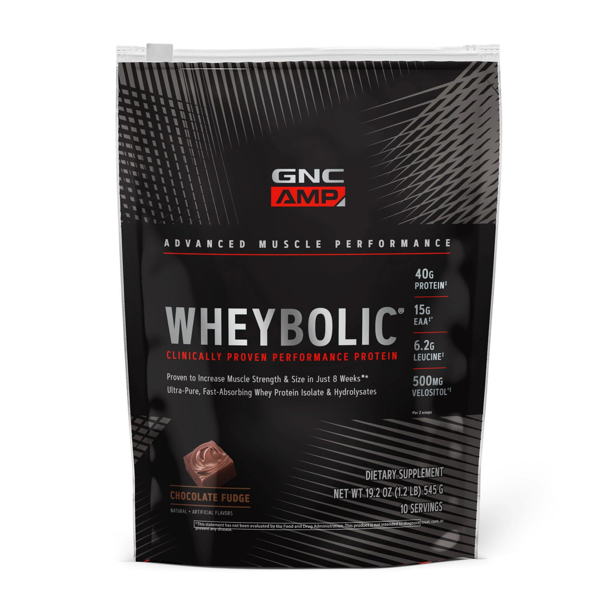 GNC Wheybolic chocolate fudge bottle shows protein blend for post-workout support