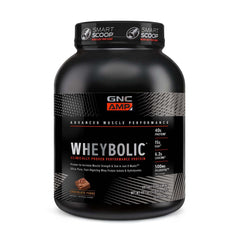 GNC AMP Wheybolic chocolate fudge tub front highlighting gluten-free protein option