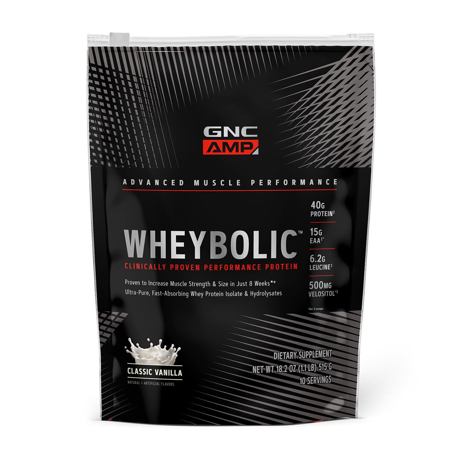 GNC AMP Wheybolic container front highlights protein for strength and recovery