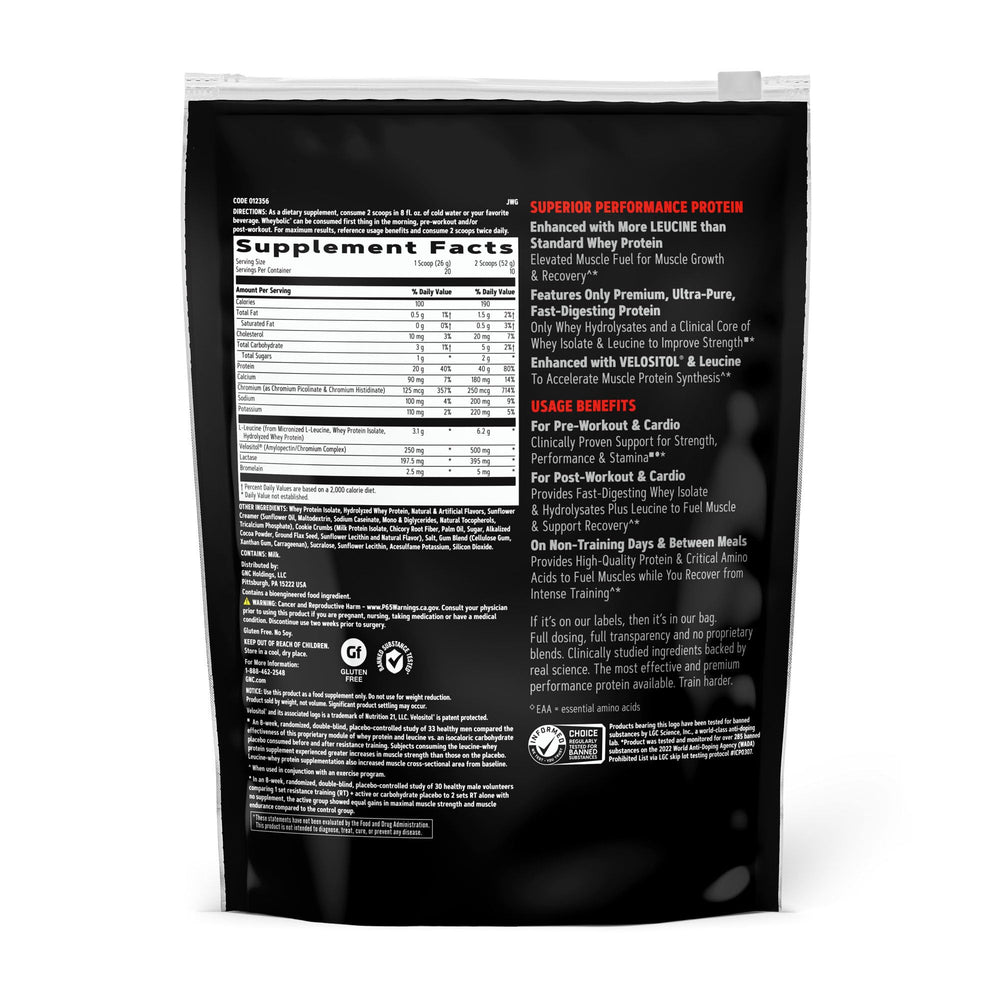 GNC AMP Wheybolic cookies and cream tub back highlights nutrition facts for muscle support.