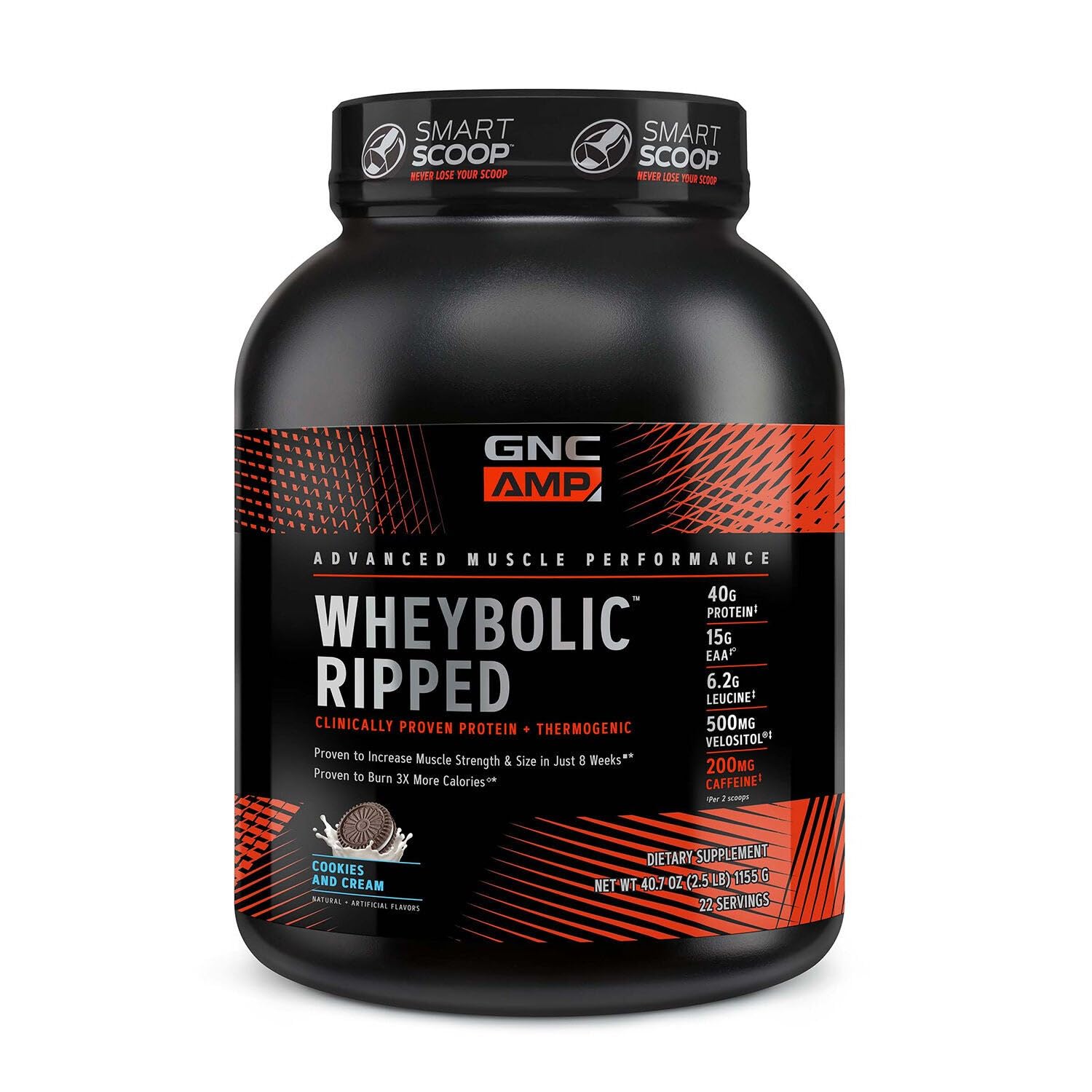 GNC AMP Wheybolic Ripped Cookies and Cream bottle highlights protein quality and flavor.
