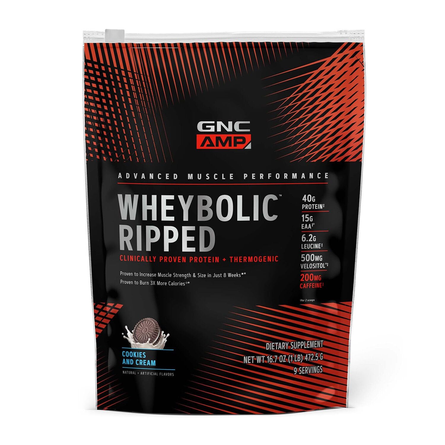 GNC AMP Wheybolic Ripped cookies and cream tub highlights high-protein formula.