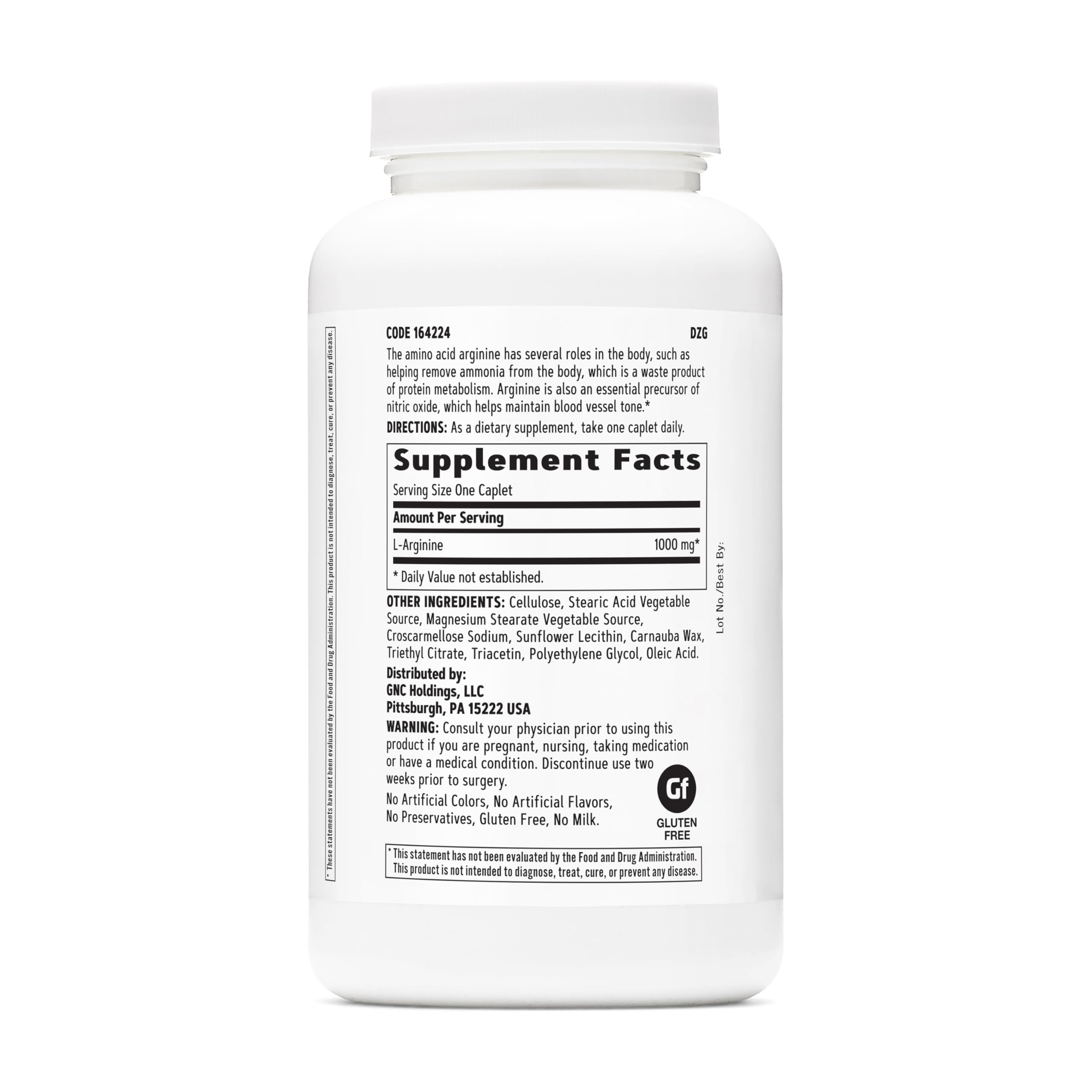 GNC L Arginine 1000mg bottle label close-up highlighting daily caplets use
