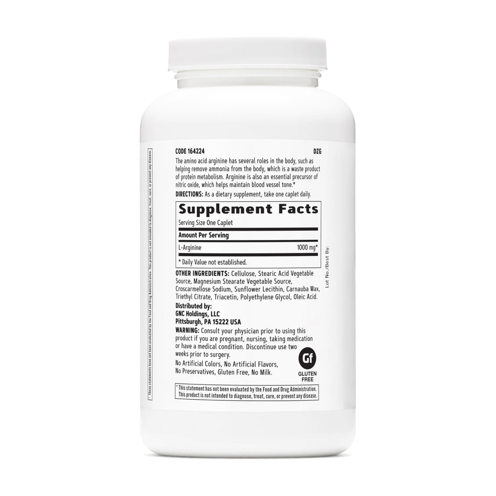 GNC L Arginine 1000mg bottle label close-up highlighting daily caplets use