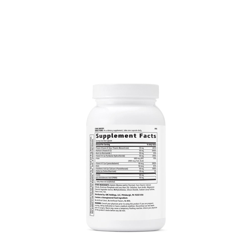 GNC B-Complex 50 front label shows cognitive and nervous system support