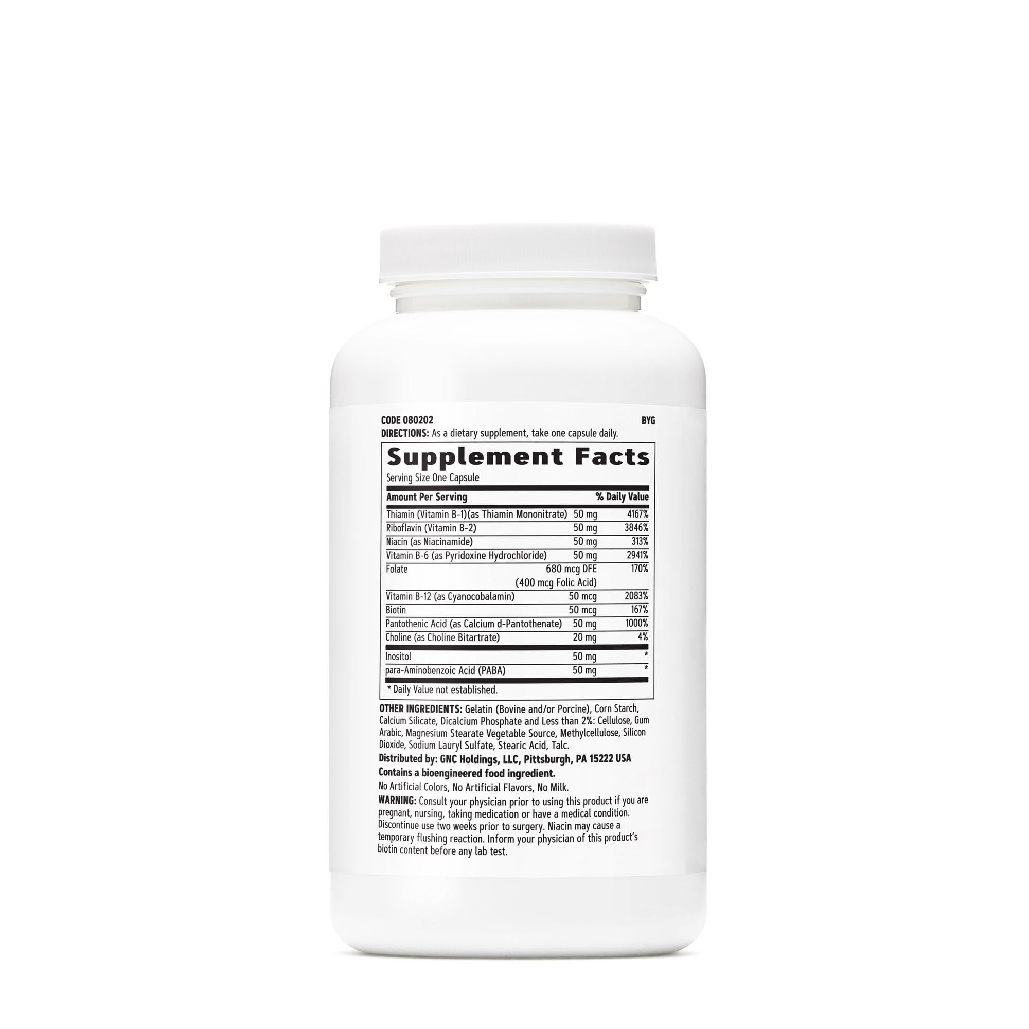 GNC B-Complex closeup of capsules showing nervous system and immune support potential.